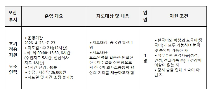 효림초 한국어 보조인력 채용 2026: 화목 근무 조건 및 자격