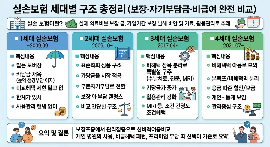 실손보험 세대별 차이점 2026: 보장, 자기부담금, 비급여 완벽 비교