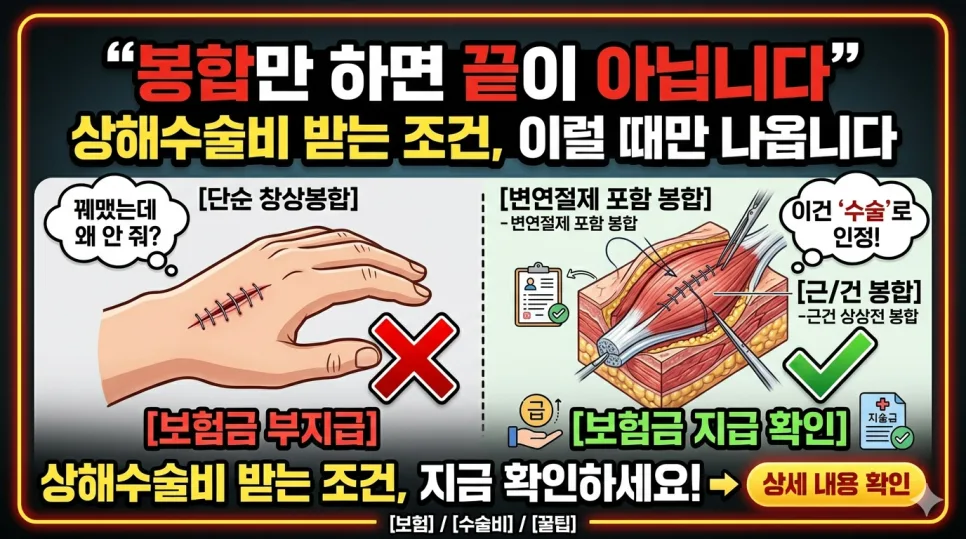 상해수술비 청구 조건 2026: 창상봉합술 vs 변연절제봉합술 비교