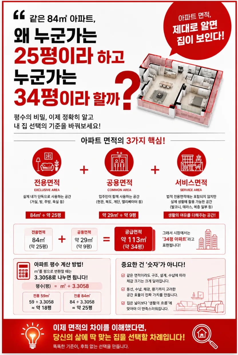 아파트 평수 계산법 2026: 전용면적, 공용면적, 서비스면적 완벽 이해 2
