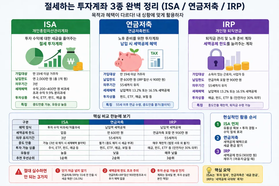 2026년 절세 투자 3가지: ISA, 연금저축, IRP 비교 및 활용법