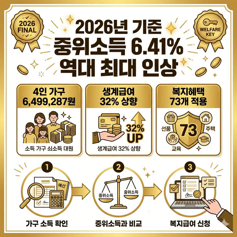 2026년 기준 중위소득 6.41% 인상, 생계급여 최대 207만원 받는 법