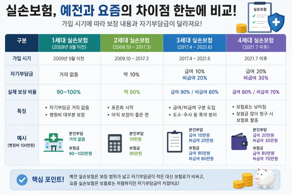 실손보험 세대별 차이 완벽 비교 2026: 보장률 100%에서 70%까지 2