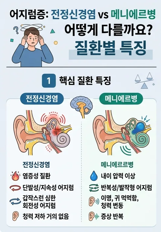 전정신경염 vs 메니에르병: 차이점, 증상, 보험 적용 2026년 총정리