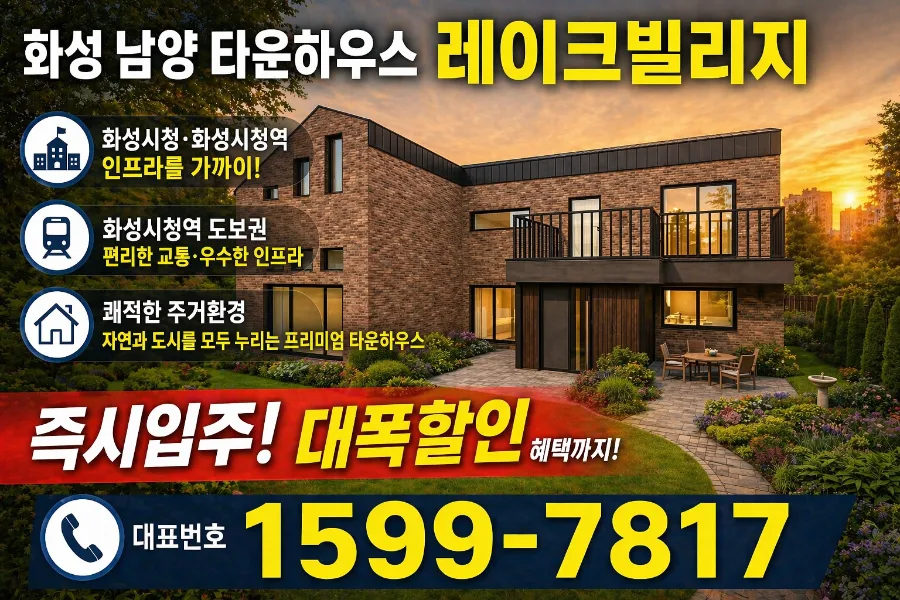 화성 타운하우스 2026: 남양 레이크빌리지 분양가 할인 총정리