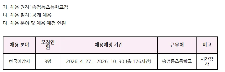 송정동초 한국어강사 채용 2026: 자격·급여·일정 총정리
