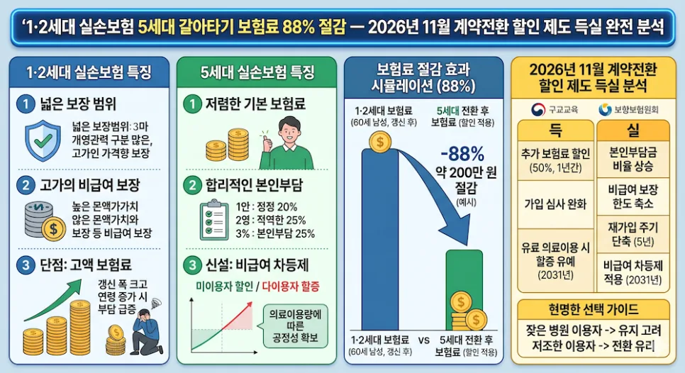 1·2세대 실손보험 5세대 전환, 보험료 88% 절감 가능할까? 2026년 분석