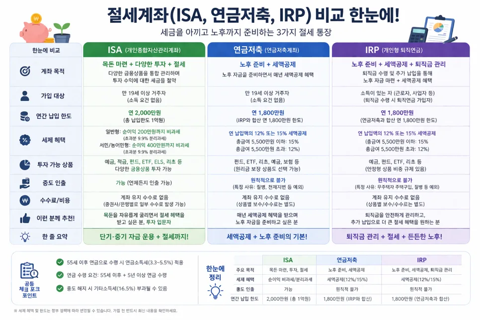 절세 계좌 활용 ETF 투자 2026: ISA vs 연금저축 vs IRP 비교