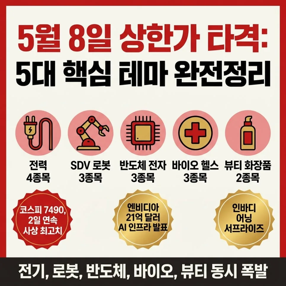 2026년 5월 8일 상한가 종목 5가지 테마별 총정리