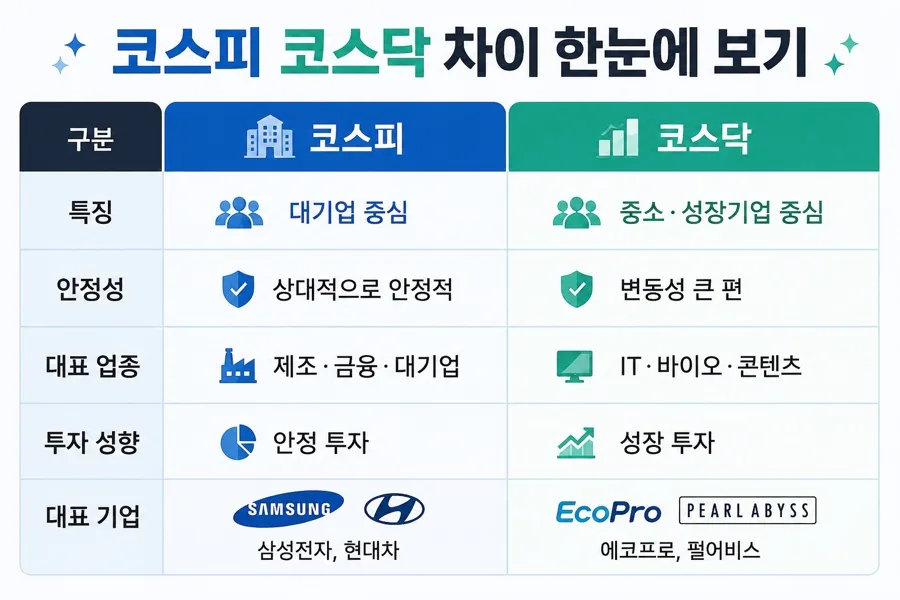 코스피 vs 코스닥 2026년 핵심 차이점 — 주식 초보 필독 가이드