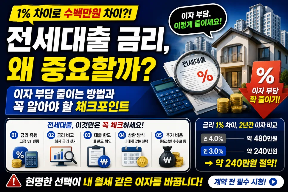 전세대출 금리 비교 2026: 1억 이자 줄이는 현실적 방법 5가지
