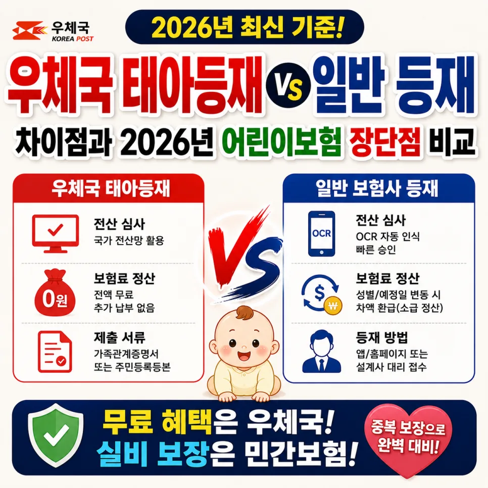 우체국 태아등재 vs 민간보험 등재 차이점 2026년 완벽 비교