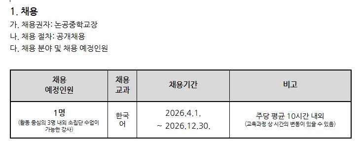 2026 논공중학교 한국어 강사 채용: 자격, 급여, 지원 방법 총정리