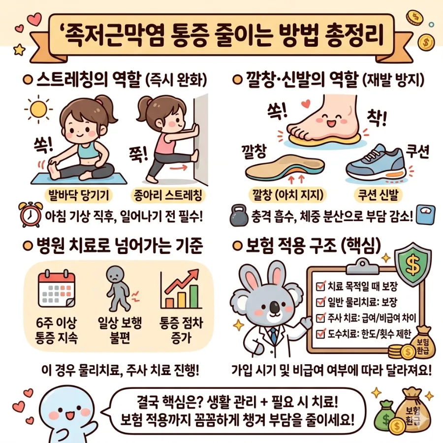 족저근막염 통증 관리 2026: 스트레칭부터 보험 적용까지 총정리