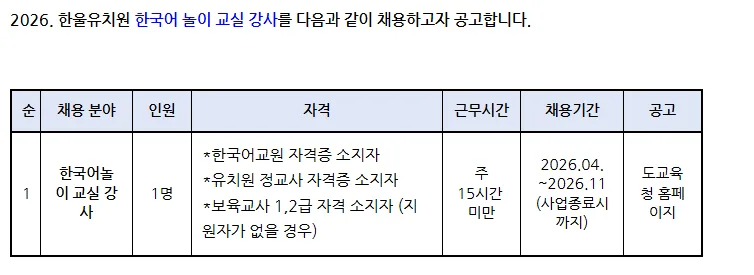 2026년 진주 한울유치원 한국어 놀이 강사 채용: 자격 요건 및 일정 총정리