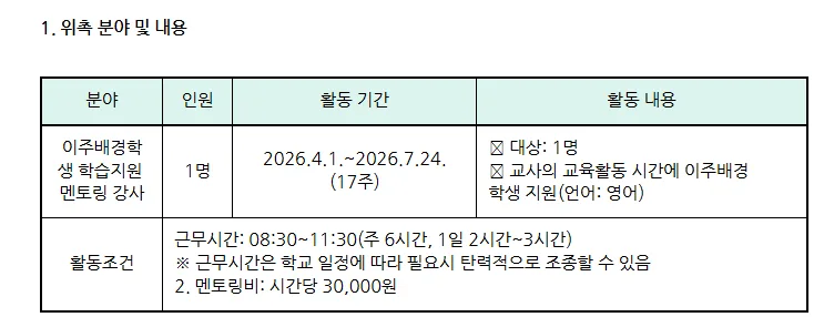 중문초 이주배경 학생 멘토링 강사 2026년 채용 조건 총정리