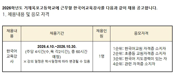 거제옥포고 한국어 강사 채용 2026: 자격, 일정, 급여 총정리