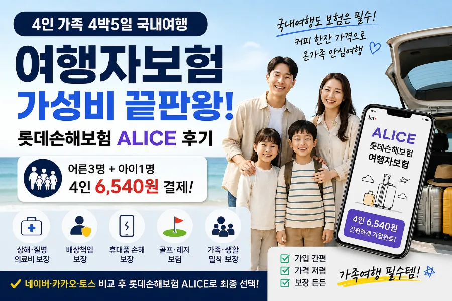 4인 가족 국내여행자보험, 롯데 ALICE로 6천원대 가입 후기 2026