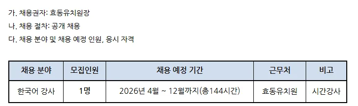2026년 효동유치원 한국어 강사 채용: 자격 요건 및 지원 방법 총정리