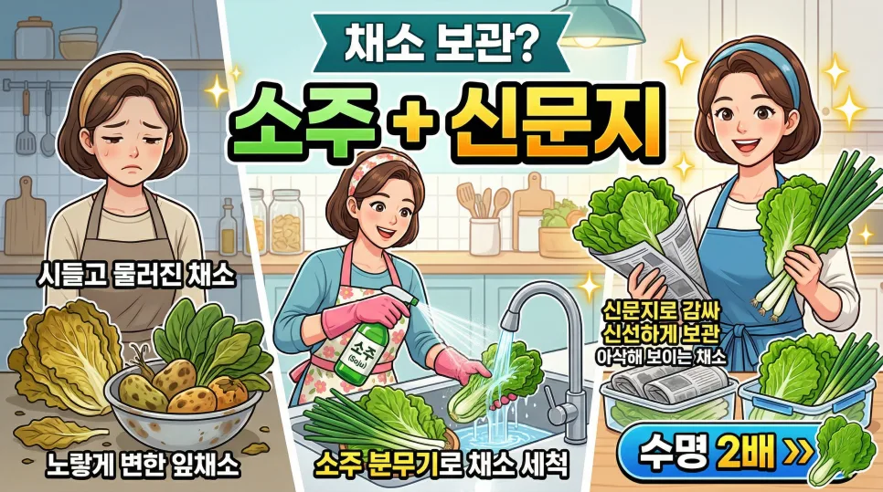 채소 수명 2배 늘리는 비법 2026: 소주 세척 & 신문지 보관법