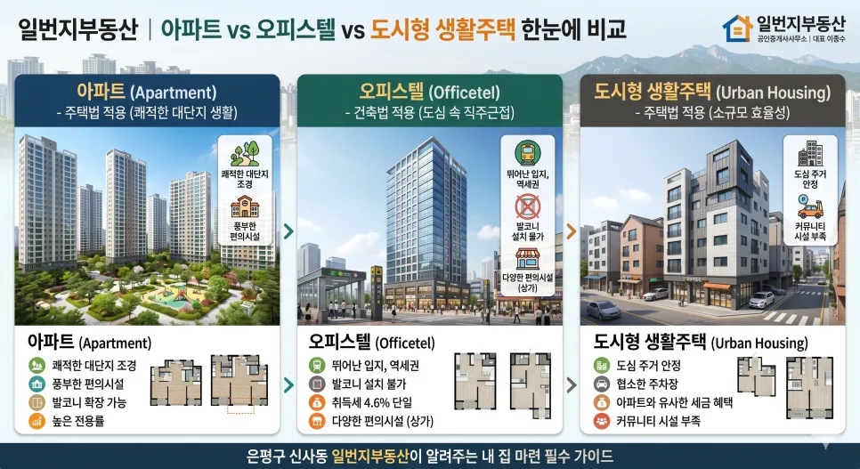 은평구 주거 형태 2026: 아파트 vs 오피스텔 vs 도시형생활주택 비교