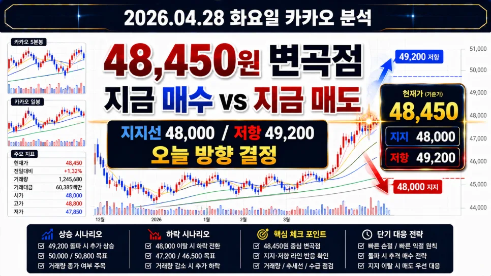 카카오 주가 48,450원, 2026년 매매 전략 및 핵심 가격 분석