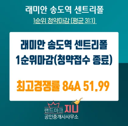 래미안 송도역 센트리폴 경쟁률 2026: 평균 31:1, 최고 51.99:1 분석