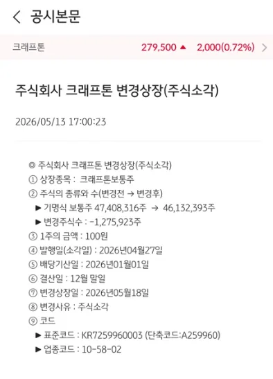 크래프톤 자사주 소각 2026: 127만 주 소각 의미와 변경 상장일